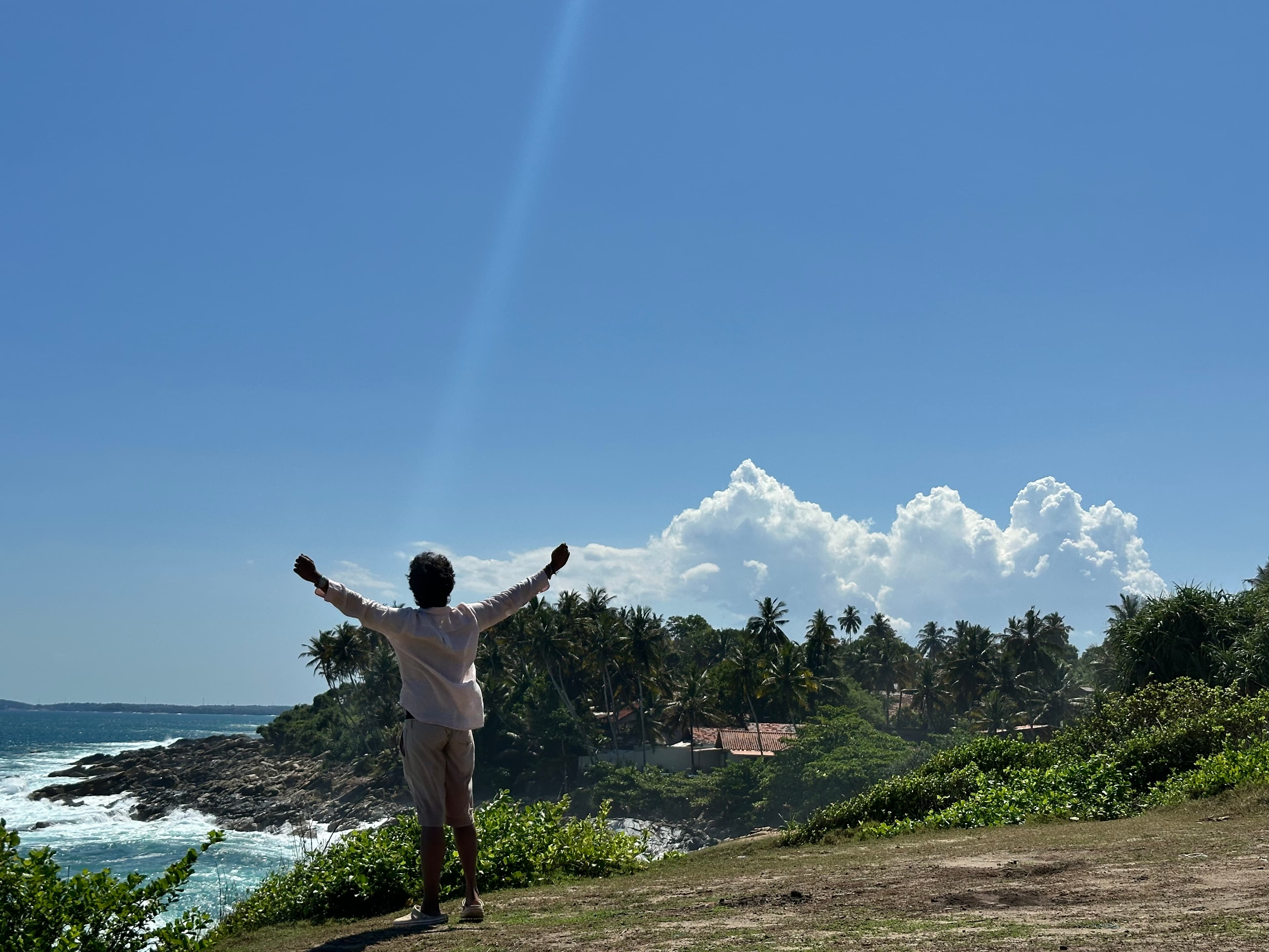 View of a tropical beach with palm trees and waves along Sri Lanka’s south coast